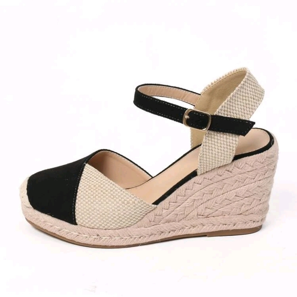 Cap Toe Ankle Strap Espadrille Linen Wedge Court Shoes - Picture 5 of 7